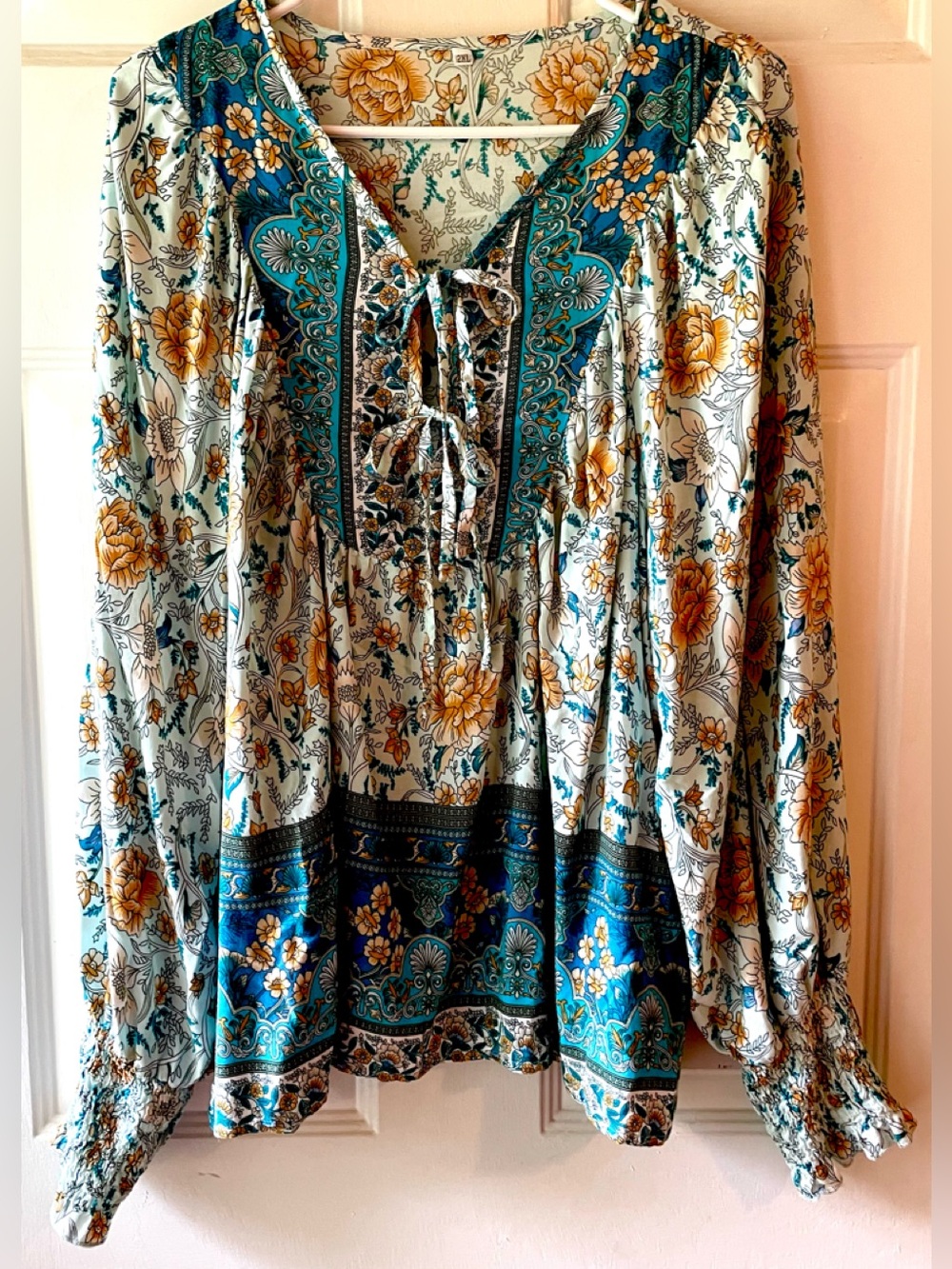 Teal Blue Gold Floral Double Bow Tie Shirred Cuff Long Sleeve Boho Blouse 2XL